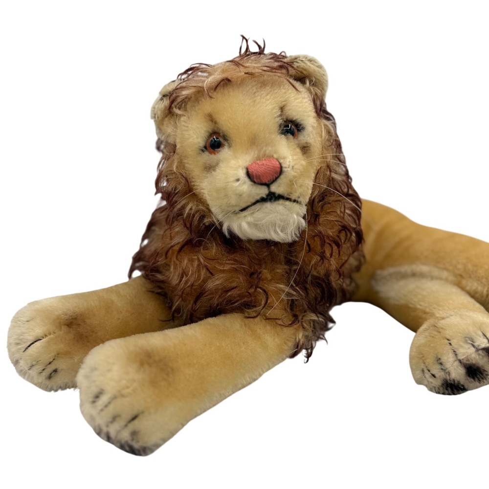 Vintage 50s Steiff Lion Plush Toy Leo Laying Button In Ear Realistic Mohair RARE